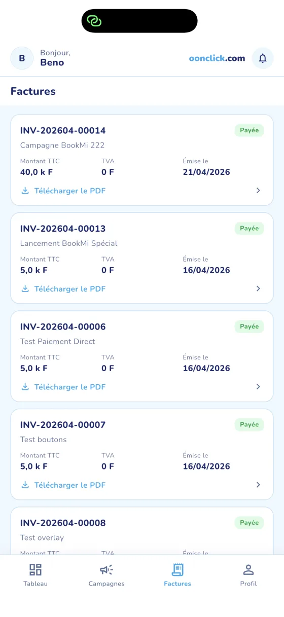 Factures annonceur oonClick : historique des paiements avec TVA et téléchargement PDF