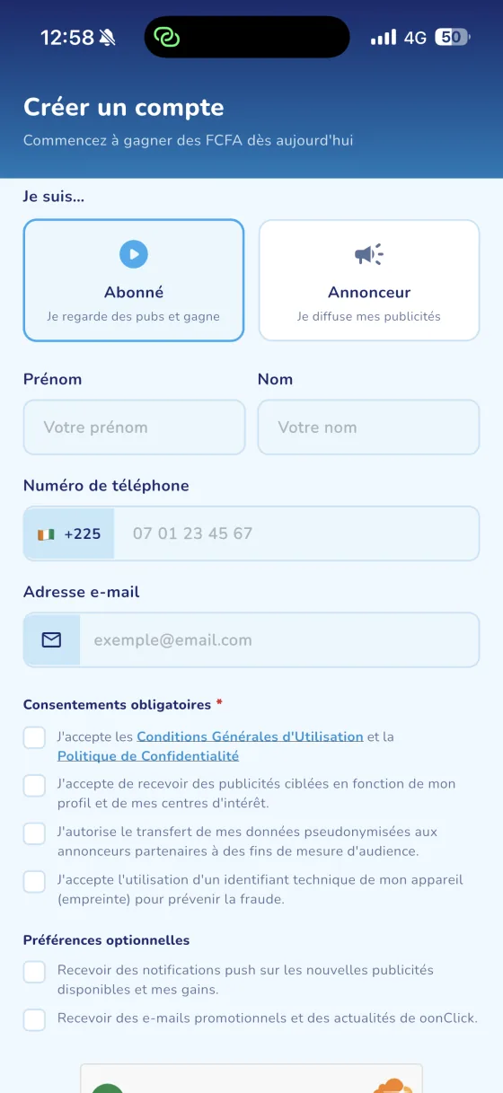 Inscription oonClick : choisir Abonné ou Annonceur, formulaire en moins de 60 secondes