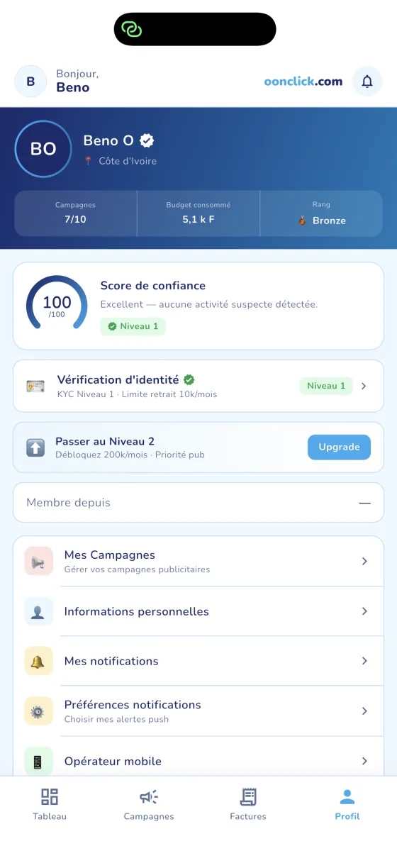 Profil annonceur oonClick : score de confiance, vérification d'identité KYC, paliers de retrait